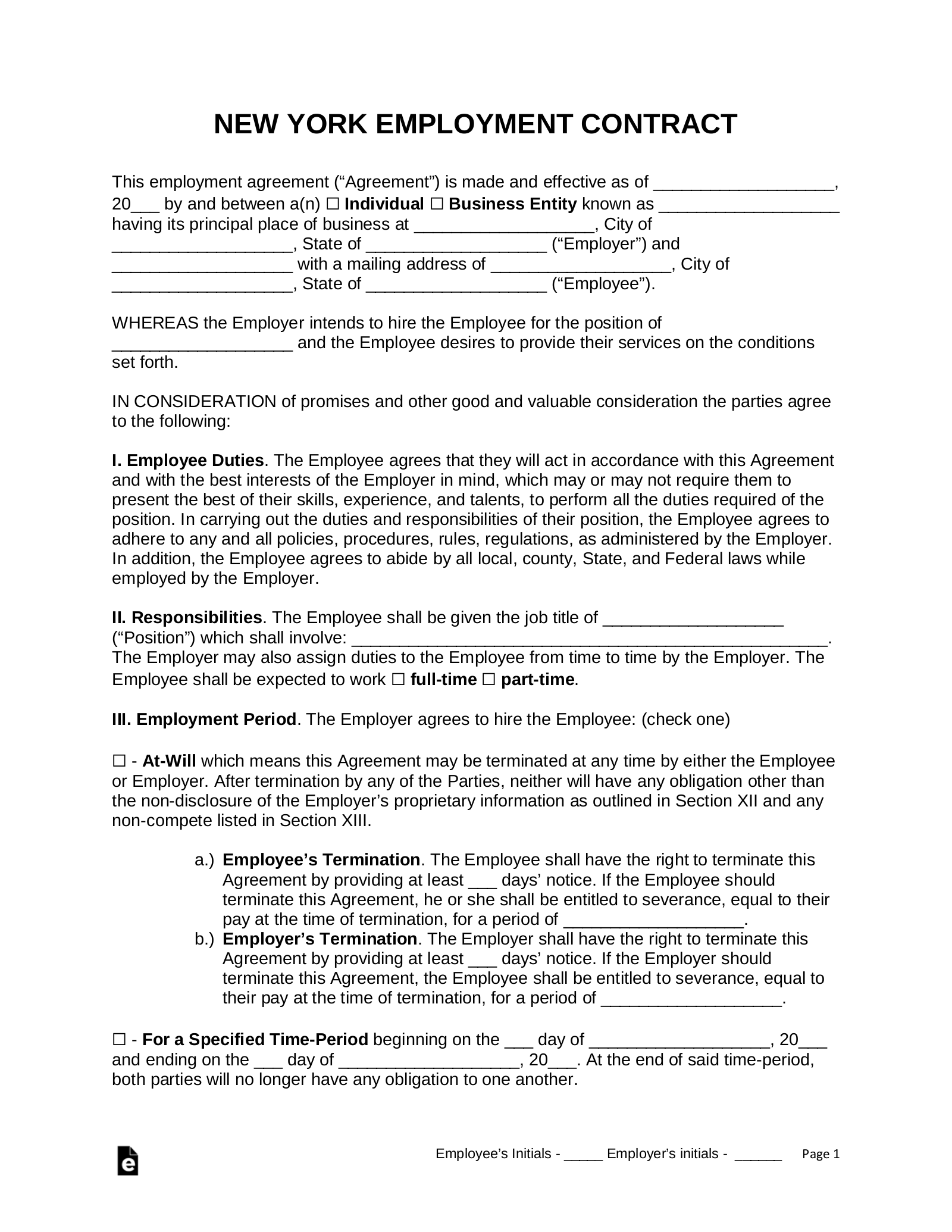 Free New York Employment Contract Templates PDF Word EForms