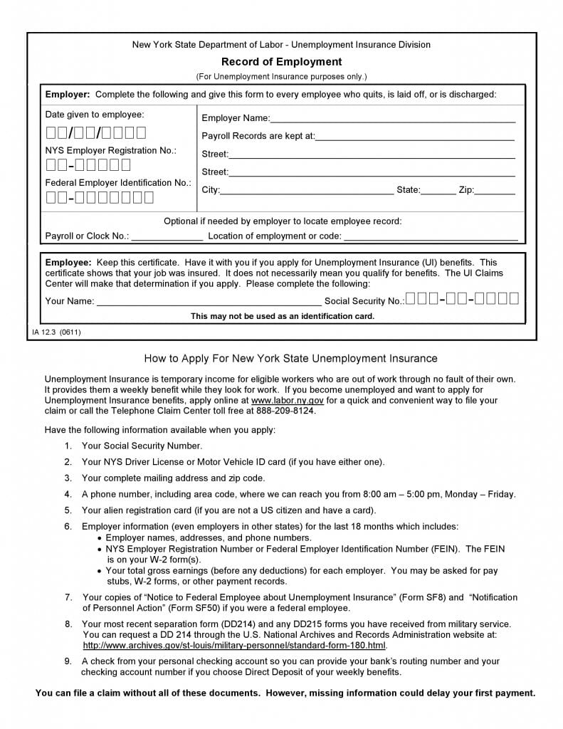 Free New York Record Of Employment IA12 3 PDF Template Form Download