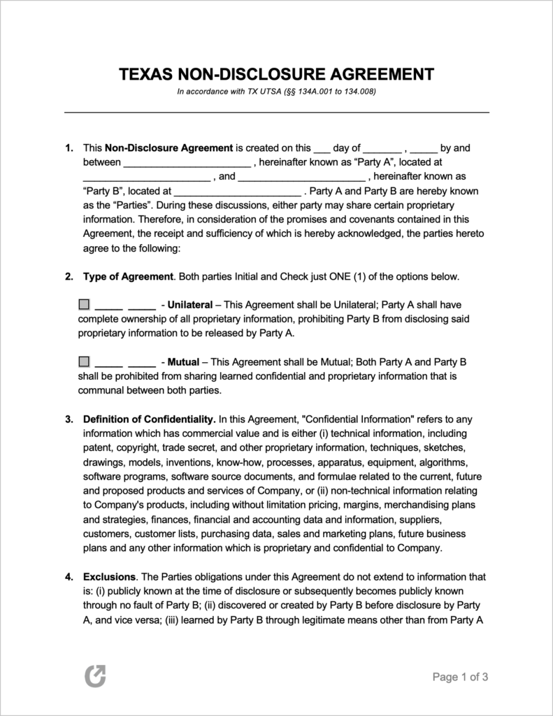 Free Texas Non Disclosure Agreement Template PDF WORD