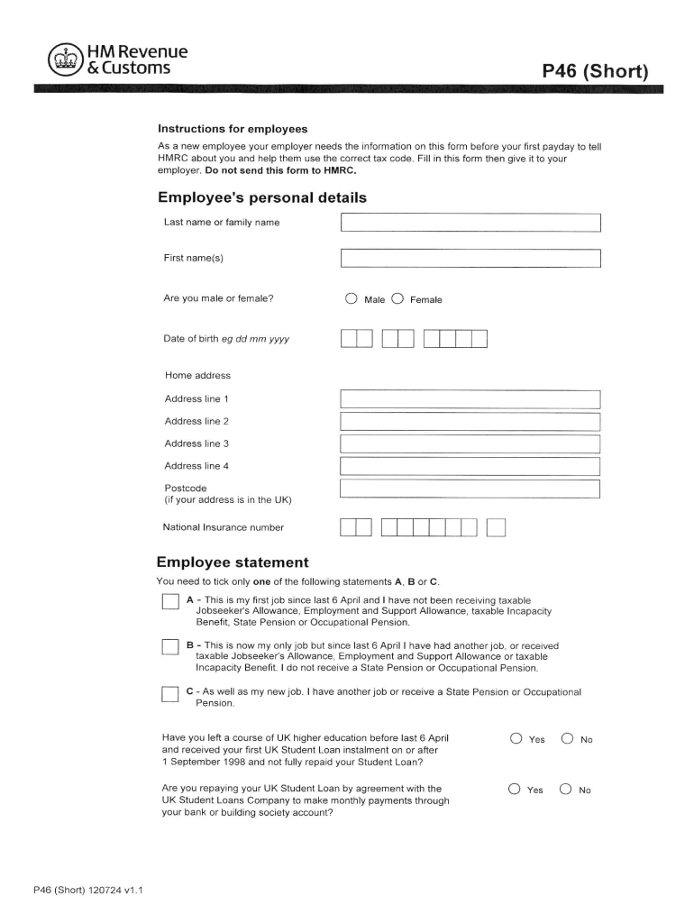 Hmrc New Employee Form P46 2022 Employeeform