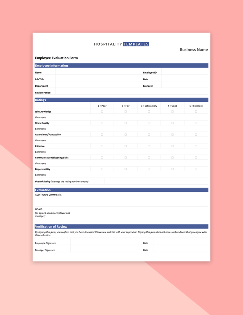 Hotel Employee Evaluation Form Hospitality Templates In 2020 