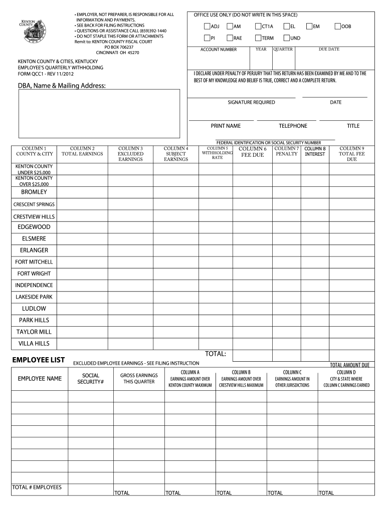 Kenton County Cities Kentucky Employee s Quarterly Withholding Form 