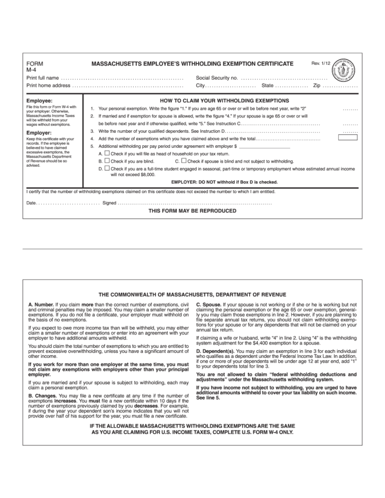 MA M 4 2022 Tax Printable Form Massachusetts EE Withholding Exemption 