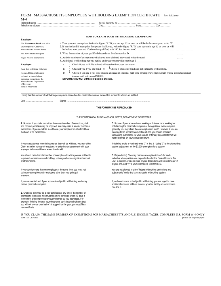 Massachusetts State Employee Withholding Form 2022 Employeeform