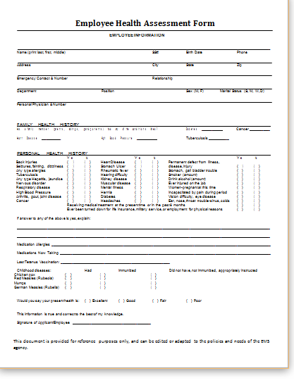 MS Word Health Assessment Forms Templates Printable Medical Forms