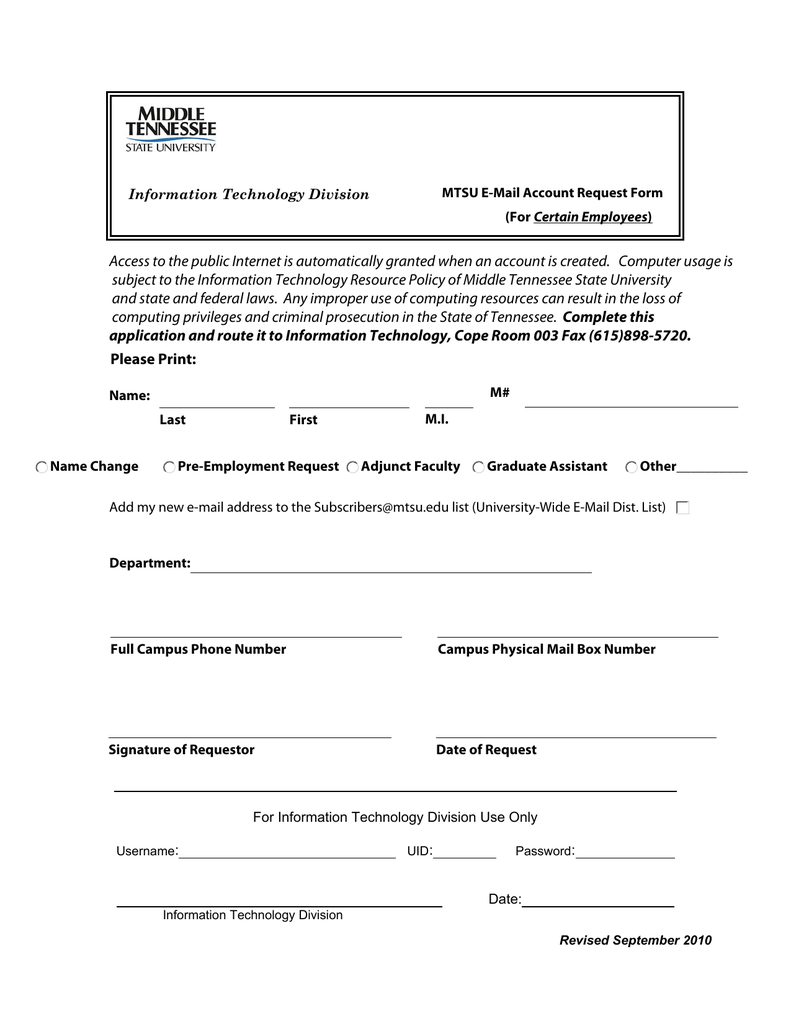 MTSU E Mail Account Request Form Certain Employees Information 