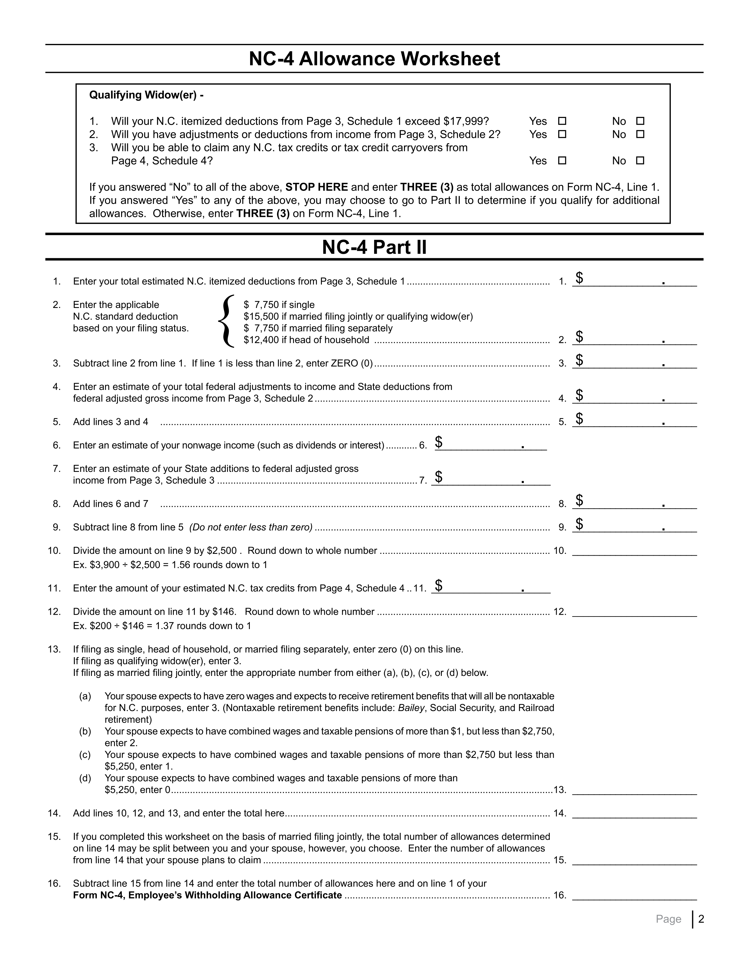 NC 4 Employee s Withholding Allowance Certificate North Carolina State 