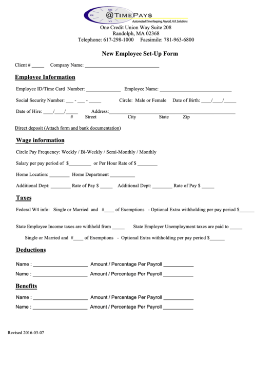 New Employee Set Up Form Printable Pdf Download