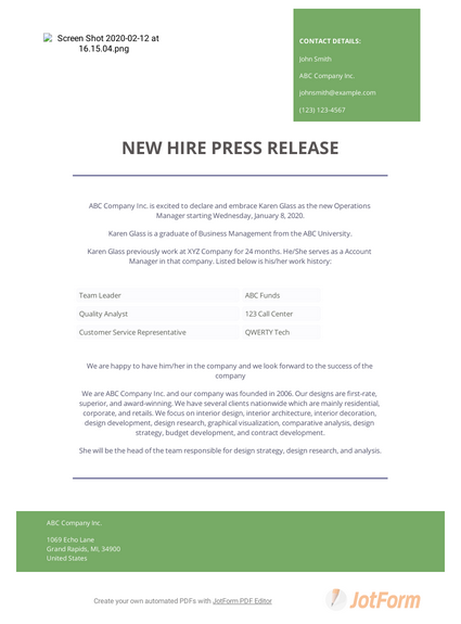 New Hire Press Release Template PDF Templates Jotform