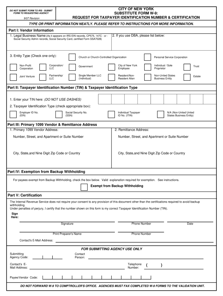 NY Substitute Form W 9 2007 Fill Out Tax Template Online US Legal Forms