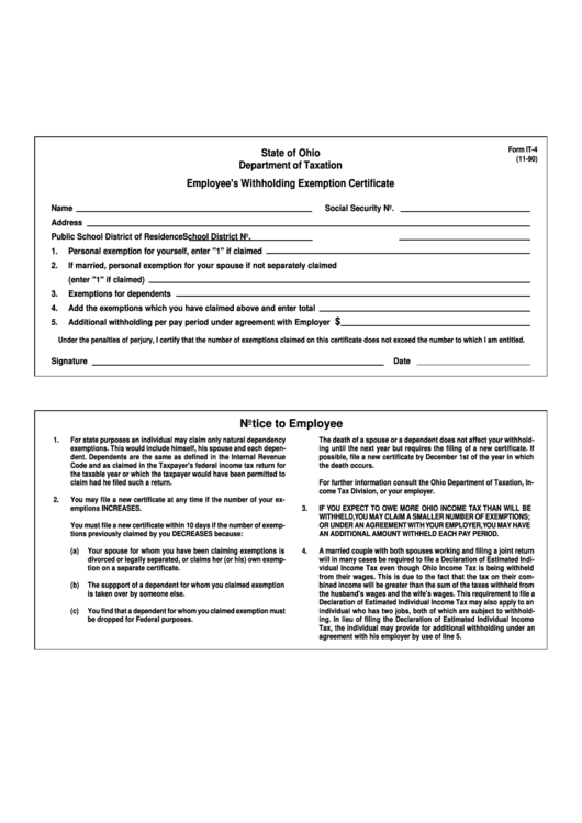 Ohio Withholding Form It 4 2019 Cptcode se