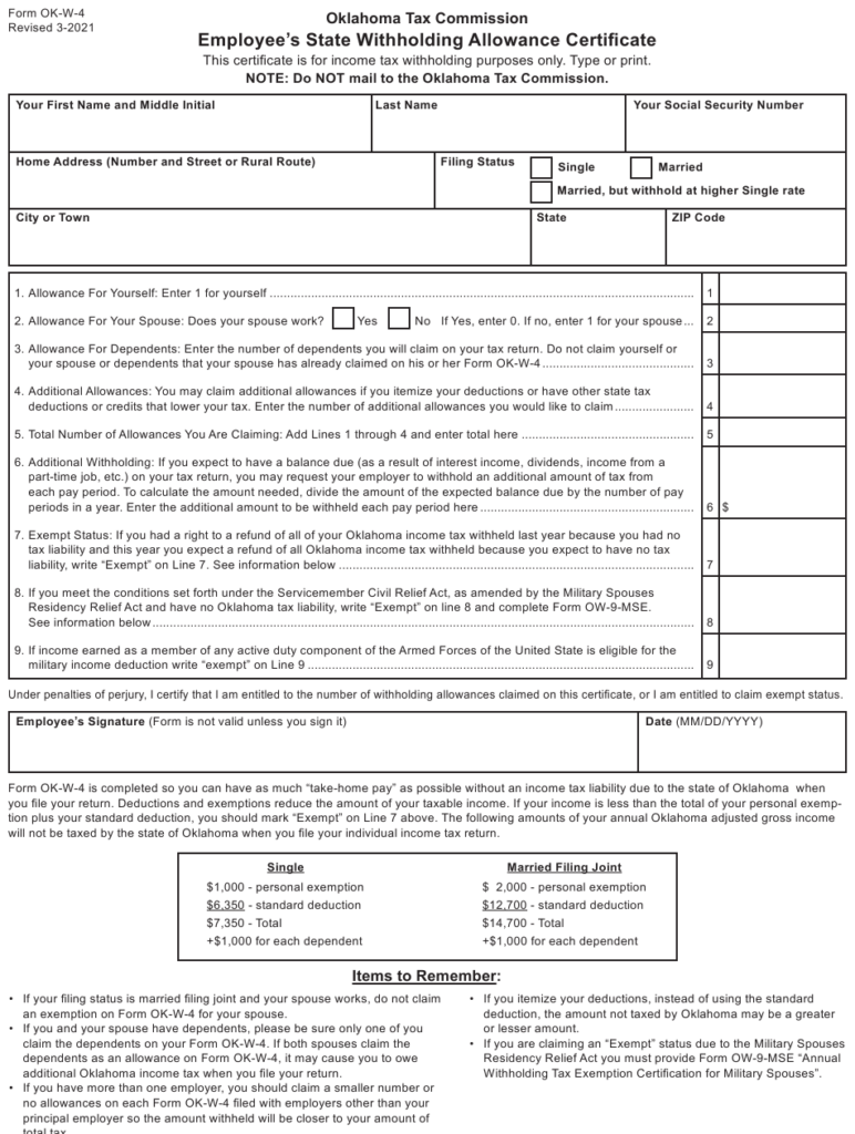 Oklahoma Employee Withholding Form 2022 Employeeform