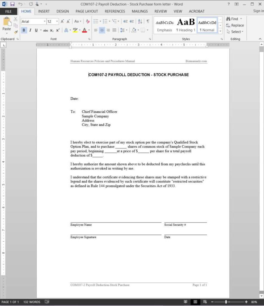 Payroll Deduction Stock Purchase Letter Template