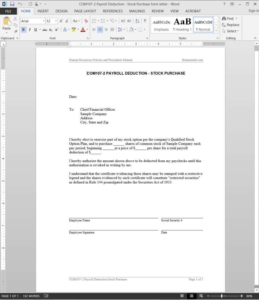 Payroll Deduction Stock Purchase Letter Template