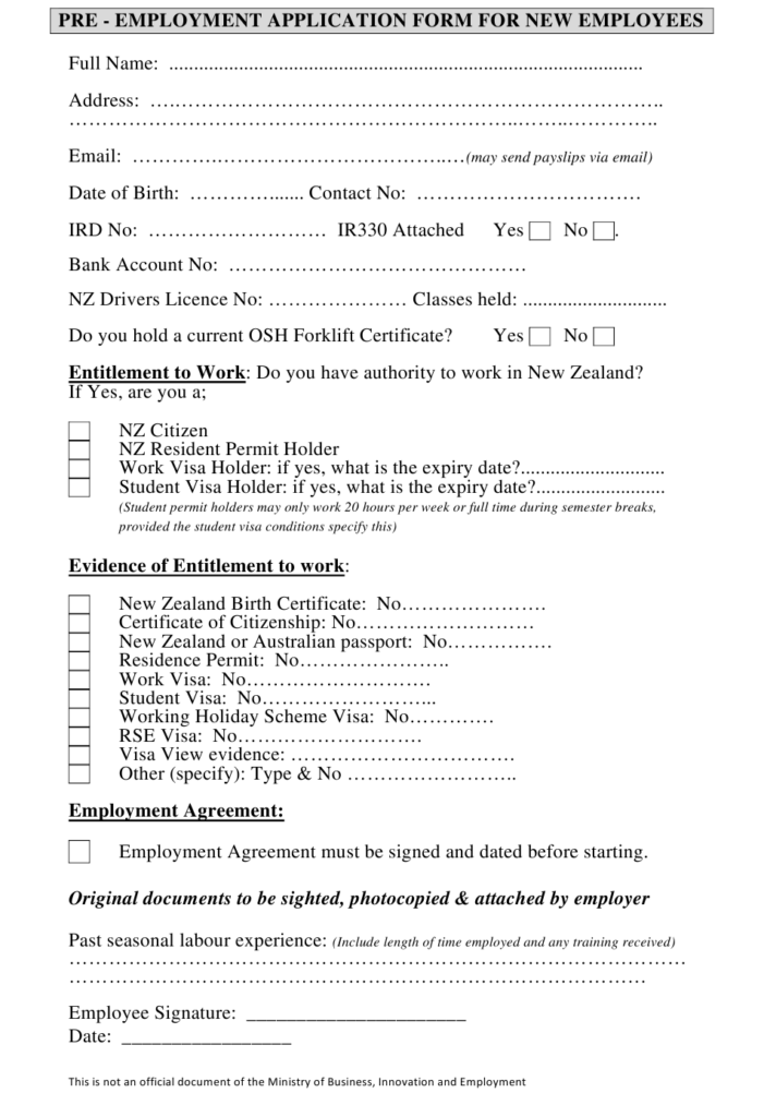 Pre employment Application Form For New Employees Template Download 