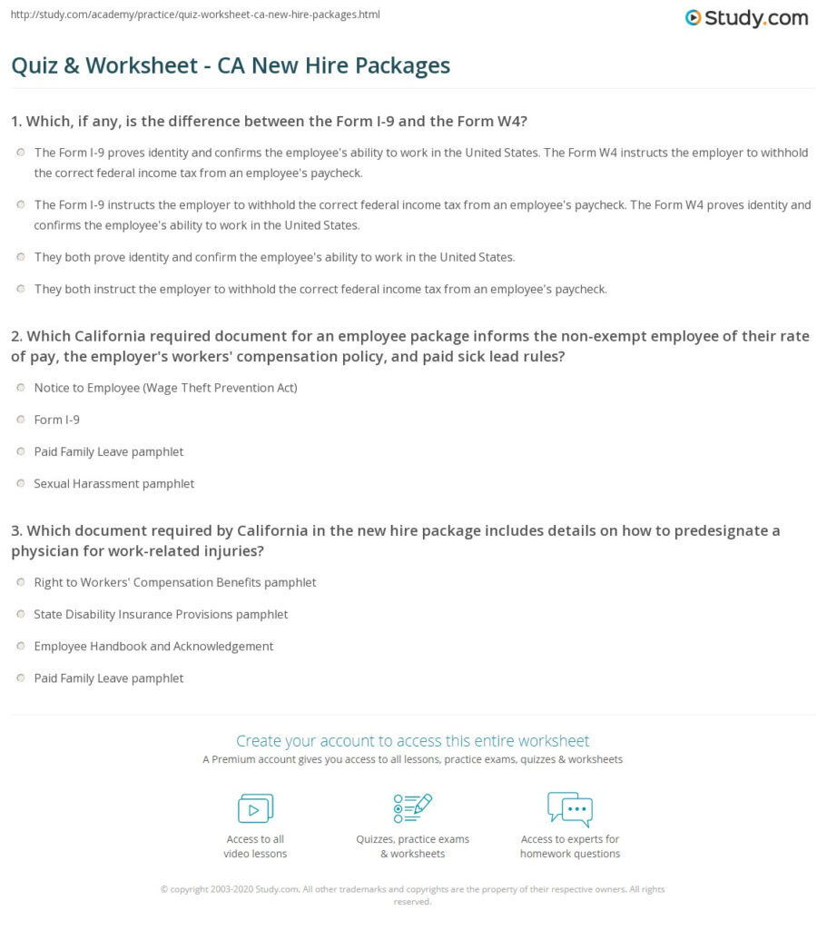 Quiz Worksheet CA New Hire Packages Study