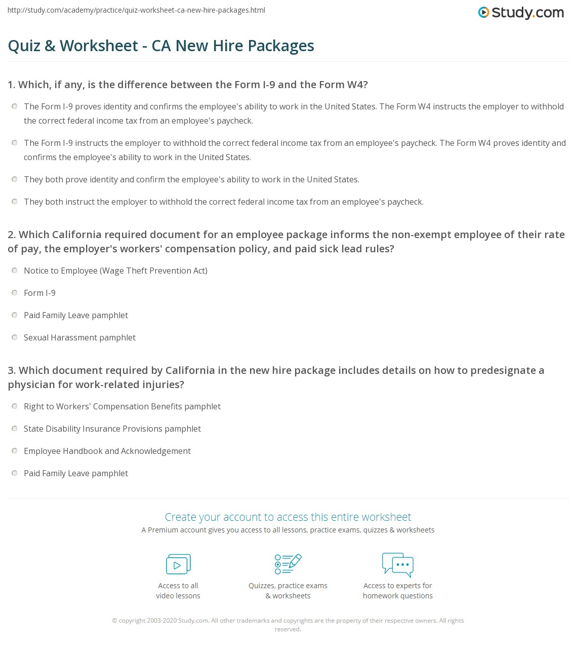 Quiz Worksheet CA New Hire Packages Study