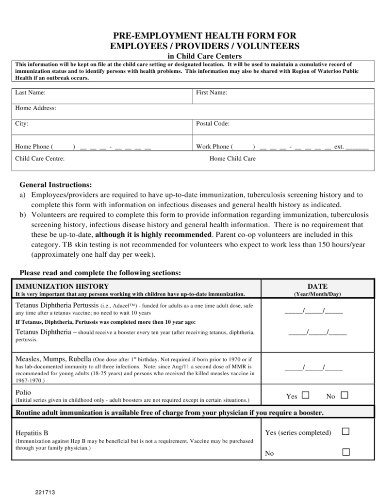 Region Of Waterloo Ontario Canada Pre employment Health Form For 