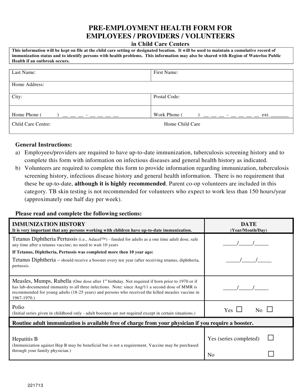 Region Of Waterloo Ontario Canada Pre employment Health Form For 