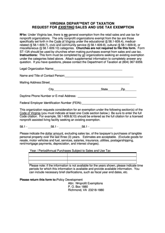 Request For Existing Sales And Use Tax Exemption Form Printable Pdf 