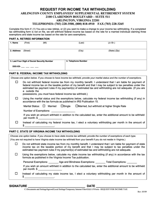 Request For Income Tax Withholding Arlingtonva Printable Pdf Download