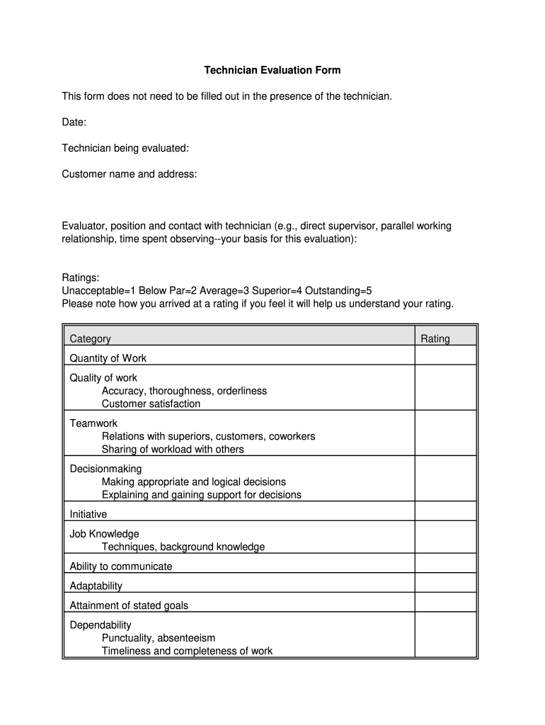 Technician Evaluation Form Fill Online Printable Fillable Blank 