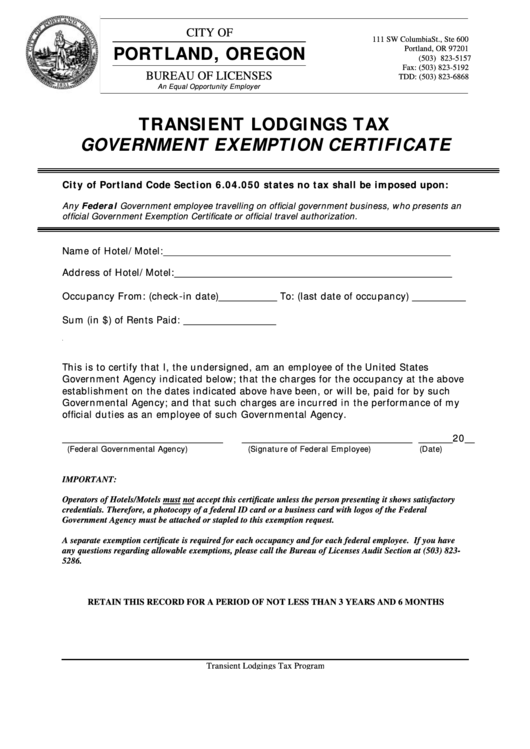 Transient Lodgings Tax Government Exemption Certificate Form City Of 