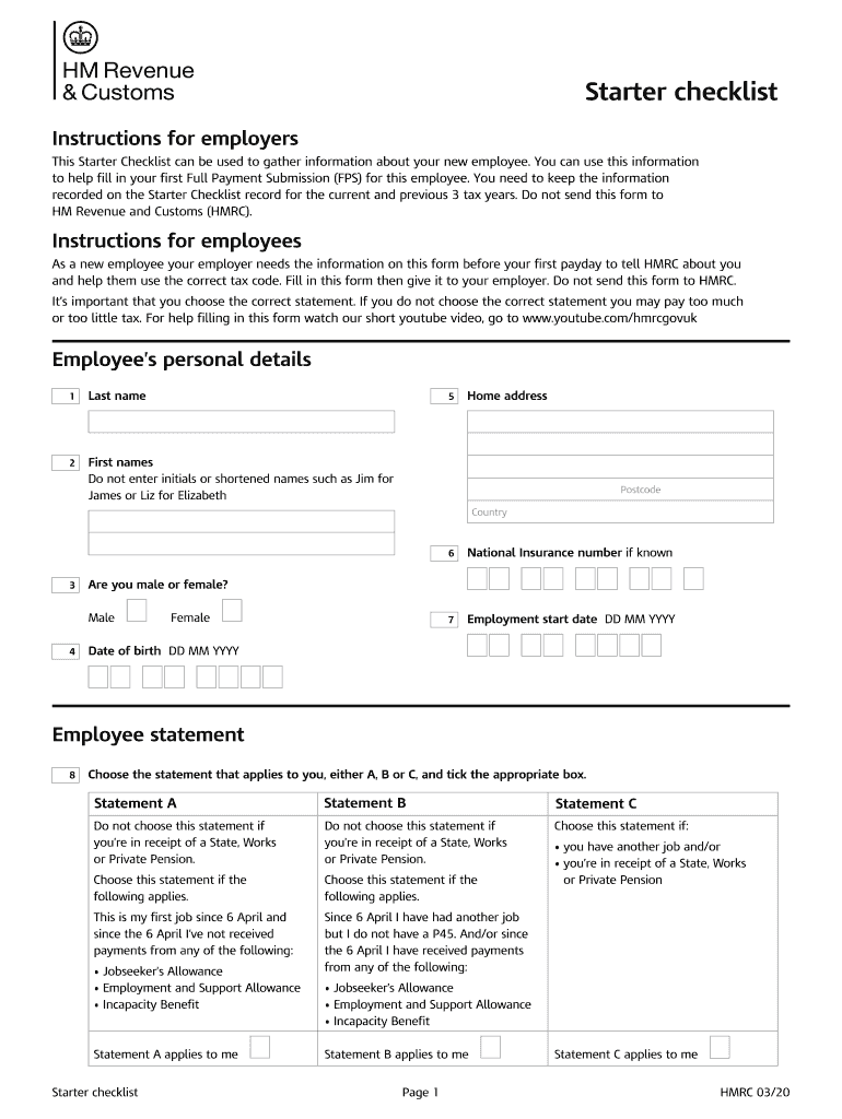 UK HMRC Starter Checklist 2020 2022 Fill And Sign Printable Template 